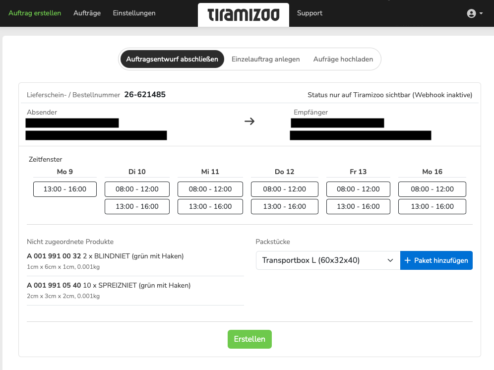 Packstation Modul - Auftragsentwurf mit Zeitfenster, Produkten und Packstücken