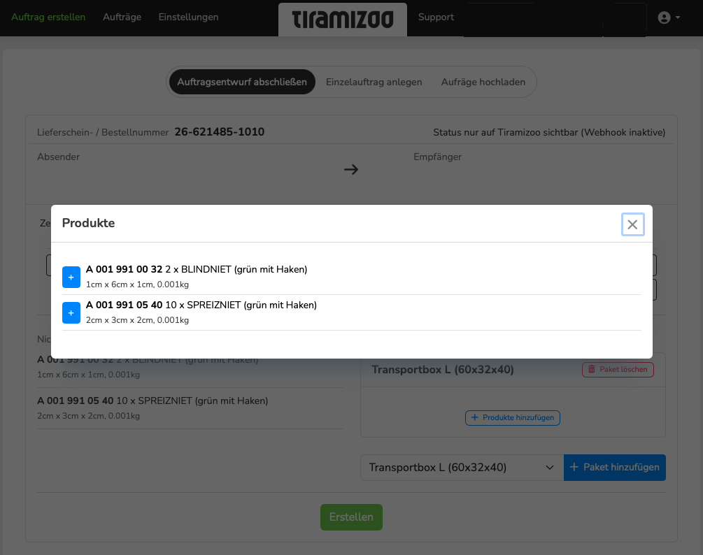 Produkte einem Packstück zuordnen